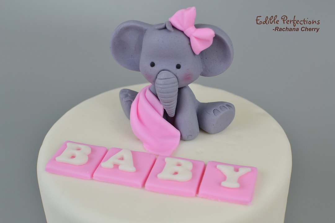 Fondant Baby Elephant Cake Topper: Pink Blanket, Baby Blocks