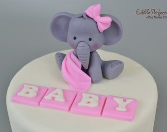 Baby Girl Elephant with Blankie cake topper, Baby shower cake First  birthday Cake, Fondant Girl elephant, Pink Elephant, Baby Blocks