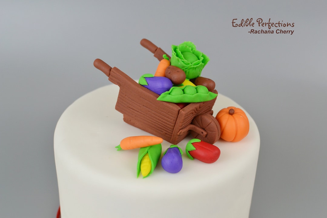 Fondant Wheelbarrow With Veggies, Wheelbarrow Cake Topper, Gardening