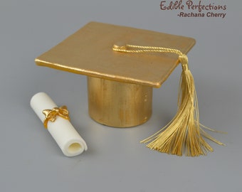 Fondant Gold Graduation Cap Cake Topper with Silk Tassel with name charm