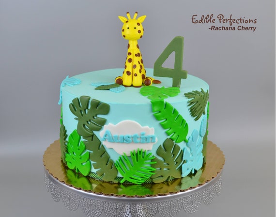 Giraffe theme cake topper, Safari cake topper, Tropical leaves cake  toppers, Fondant jungle animal cake toppers
