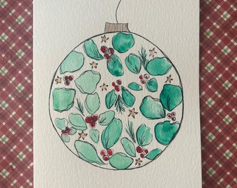 Christmas Card, Watercolor Christmas Card, Handmade Christmas Card, Watercolor Christmas Ornament Card