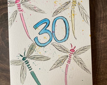 30th Dragonfly Birthday Card, Watercolor 30th Birthday Card