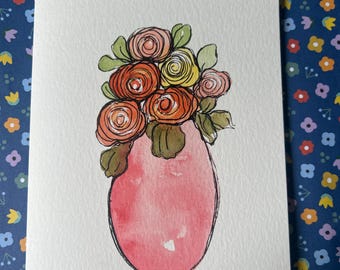 Hand Painted Watercolor Flower Blank Greeting Card - Etsy
