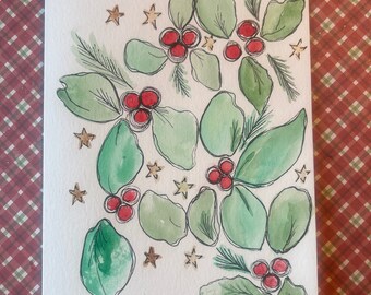 Holly Christmas Card, Watercolor Christmas Card, Holiday Card