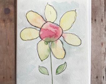 Watercolor and Ink Card, Hand Painted Flower Card, Homemade Cards, Watercolor Flower Card