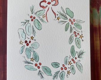 Christmas Card, Watercolor Christmas Card, Handmade Christmas Card, Watercolor Wreath