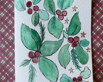 Christmas Card, Watercolor Christmas Card, Handmade Christmas Card, Watercolor Holly