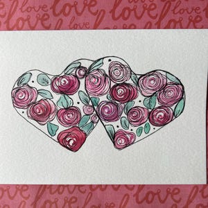 Heart Rose Card, Watercolor Rose Card, Watercolor Love Card