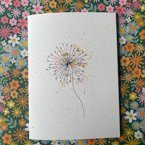 Cartão de dente-de-leão, cartão de dente-de-leão em aquarela, cartão de dente-de-leão pintado à mão