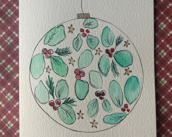 Christmas Card, Watercolor Christmas Card, Handmade Christmas Card, Watercolor Christmas Ornament Card