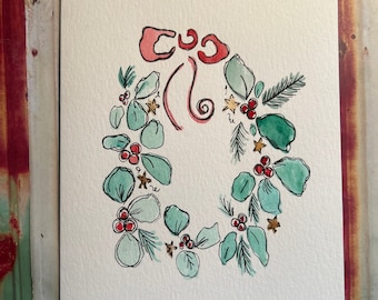 Christmas Card, Watercolor Christmas Card, Handmade Christmas Card, Watercolor Wreath