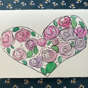 Heart Rose Card, Watercolor Rose Card, Watercolor Love Card