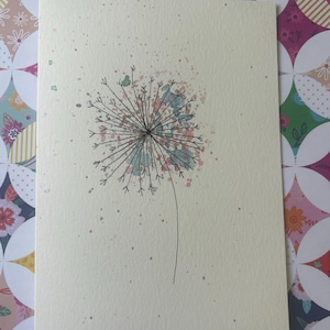 Cartão de dente-de-leão, cartão de dente-de-leão em aquarela, cartão de dente-de-leão pintado à mão