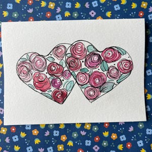 Heart Rose Card, Watercolor Rose Card, Watercolor Love Card