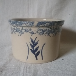 Puede incluir: Una maceta de cerámica blanca con un esmalte moteado azul y blanco. La maceta tiene un diseño floral azul en la parte delantera.