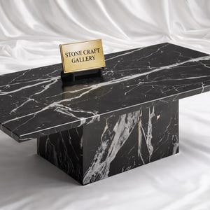 Elegante mesa de centro de mármol Nero Marquina - Centro de mesa de piedra negra llamativa - Mesa de centro rectangular moderna