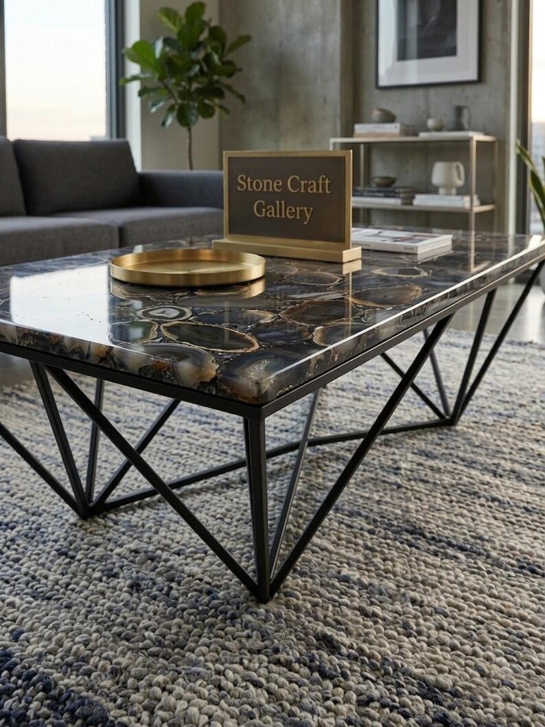 Black Agate Table Top | Luxury Semi Precious Stone Slab image 2