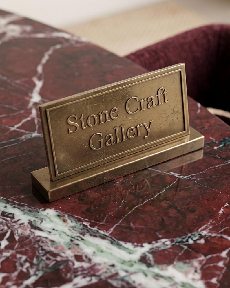May include: A rectangular brass sign with the words "Stone Craft Gallery" in a serif font. The sign is set on a matching rectangular base. The background is a red and white marble surface.