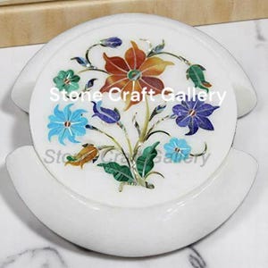Marble Coaster Set, Semi-Precious Stone Inlay, Pietra Dura Art, Home Decor, Tableware, Luxury Gift, Drink Coasters, Elegant Design