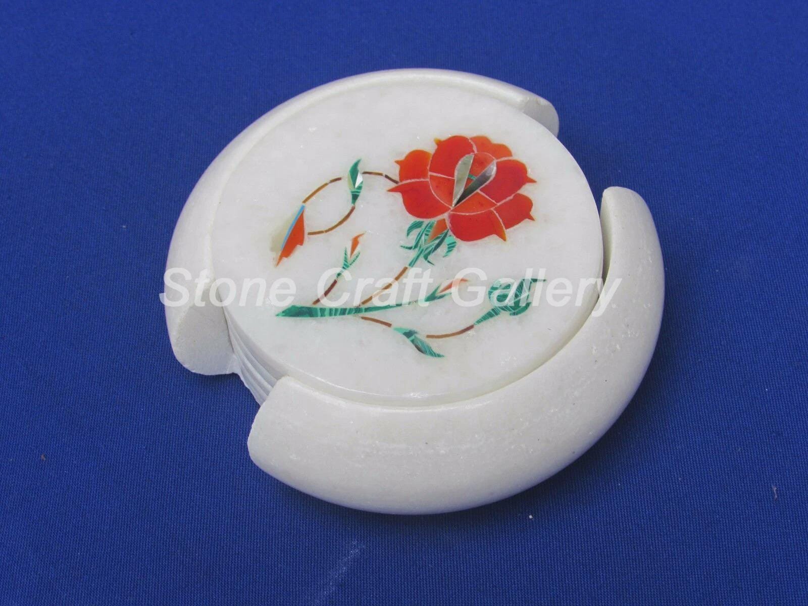 大理石コースターセット、マルチカラーフローラルインレイ、半貴石