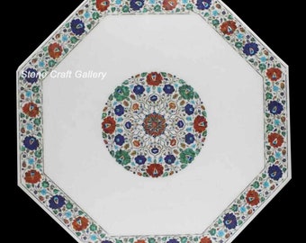 Marble Center Table Top Semi Precious Stone Inlay Work Handmade Pietra Dura Home Decor