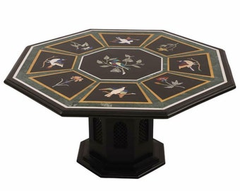Marble Center Table Top With 18" Marble Stand Multi Color Semi Precious Stone Inlay Pietra Dura Home Decor