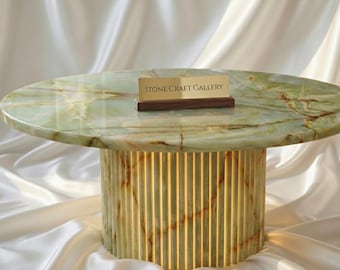 Green Onyx Coffee Table, Fluted Pedestal Table, Natural Stone Luxury Home Decor