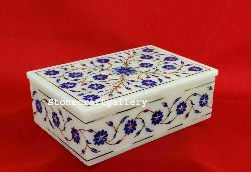 Marble trinket Box handmade semi precious stone floral inlay art decor and gift 