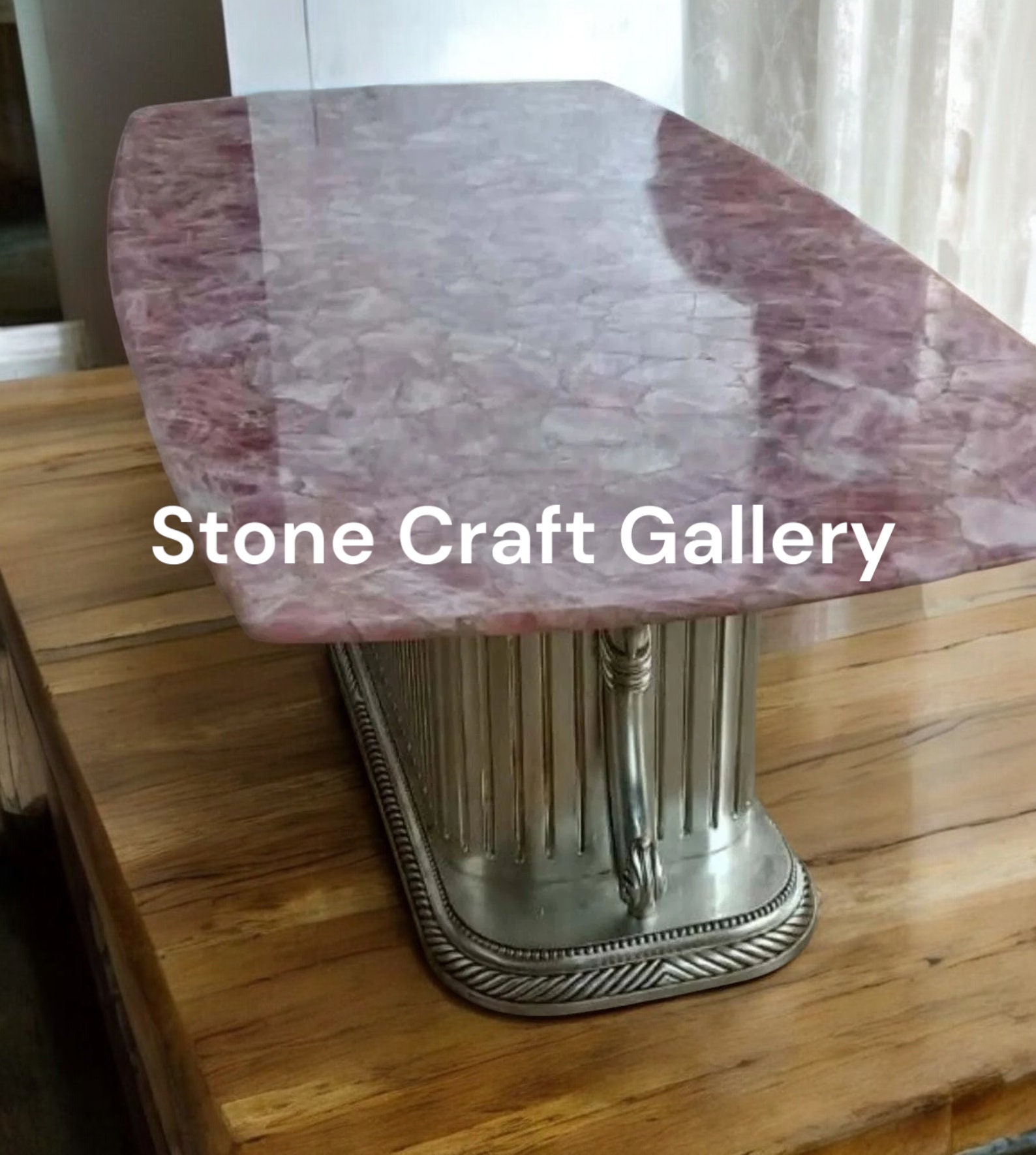 Rose Quartz Table with Natural Crystal Base, Handmade Decorative Coffee Table, Unique Pink Gemstone Furniture for Living Room & Office
