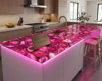 Pink Agate Kitchen Island Countertop - Luxury Crystal Home Decor - Custom Size Backlit Agate Furniture