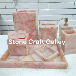 Rose Quartz Bathroom Decor Set, Unique Agate Stone Decor Accessories, Crystal Bathroom Set, Healing Stone Decor, Natural Stone Home Decor