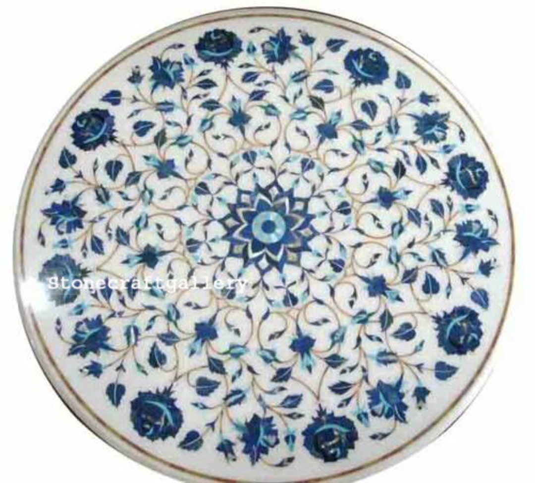 Round Marble Table Top Semi Precious Stones Lapis Inlay Etsy