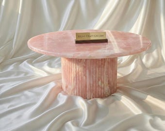Pink Onyx Pedestal Table - Mid-Century Modern Ribbed Accent Table