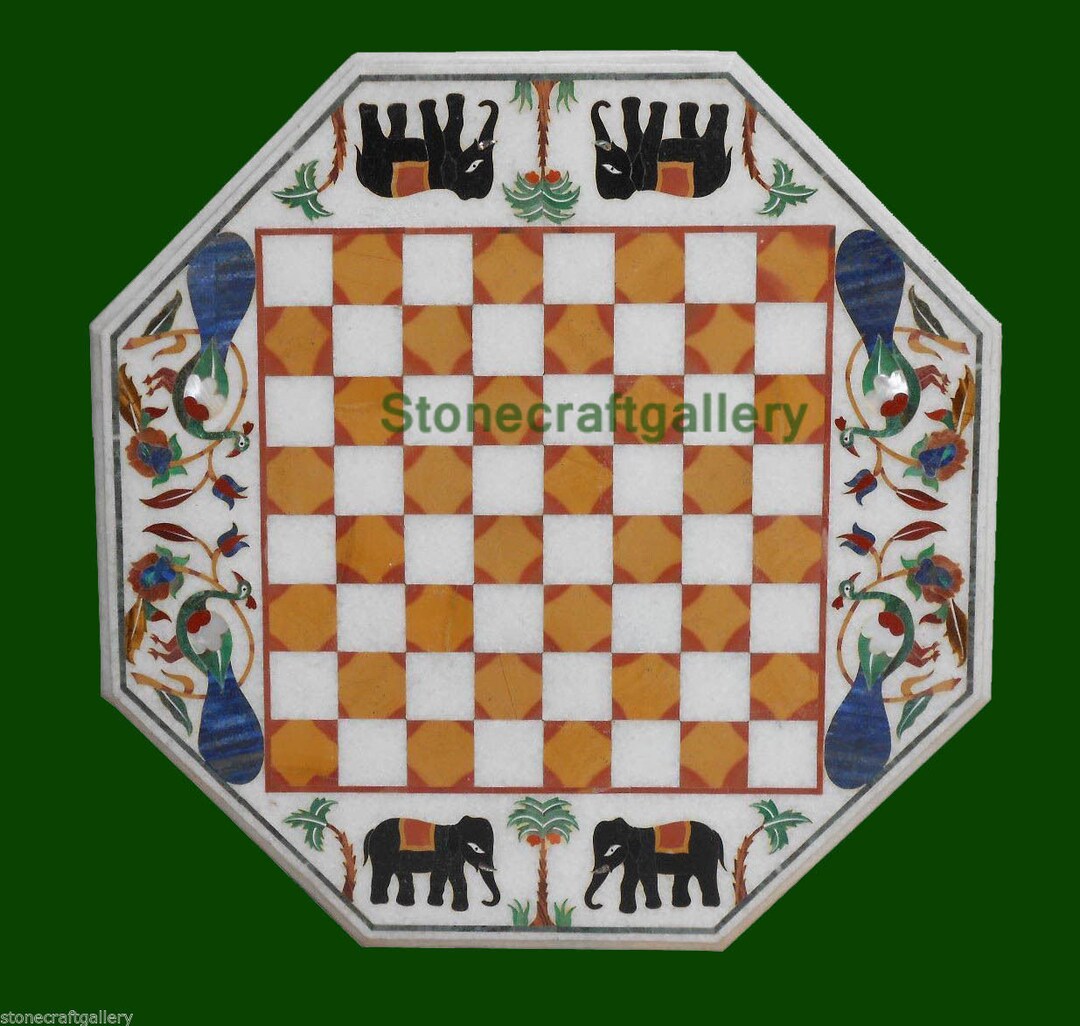 Marble Chess Game Table Top Handmade Semi Precious Stones Inlay Work