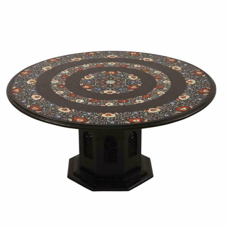 Black Marble Round Dining Center Table Top Handmade Inlay Art - Etsy