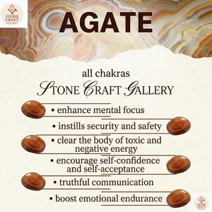 May include: An image featuring the word "AGATE" in large, brown letters. The text highlights the benefits of agate stones, including enhancing mental focus and boosting emotional endurance. The Stone Craft Gallery logo is visible.