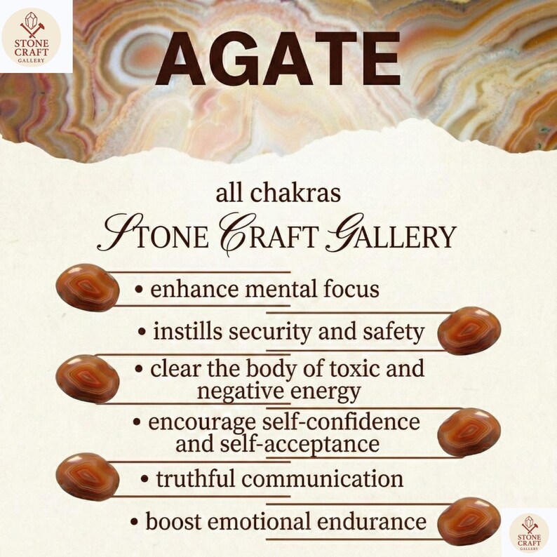 May include: An image featuring the word "AGATE" in large, brown letters. The text highlights the benefits of agate stones, including enhancing mental focus and boosting emotional endurance. The Stone Craft Gallery logo is visible.