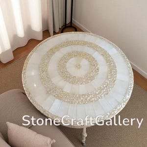 Selenite Stone Sun Burst Table Top With MOP Work , Selenite Coffee, Center Table Top, Luxury Gem Stone Furniture for Home, Office Decor