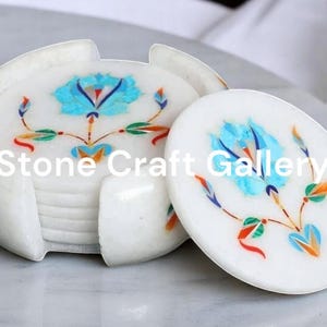 Marble Coaster Set, Semi Precious Stone Coasters, Floral Inlay Coasters, Marble Drink Coasters, Luxury Table Decor, Housewarming Gifts
