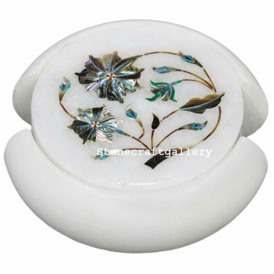 Set De 6 Dessous-de-verre En Marbre Avec Incrustation Nacre Abalone - Motif Floral Art Déco, Neuf