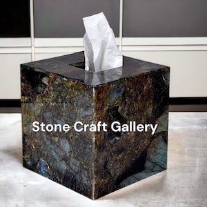 Dispensador de pañuelos de piedra labradorita, dispensador de servilletas de baño hecho a mano, accesorio de decoración de lujo de piedra natural para el hogar.
