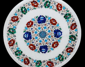 18" Marble Coffee Table Top Handmade Multi Color Semi Precious Stone Inlay Art