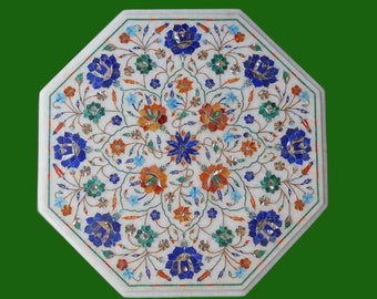 18" Marble Side Table Top Floral Design Multi Color Semi Precious Stone Inlay Handmade Pietra Dura Home Furniture