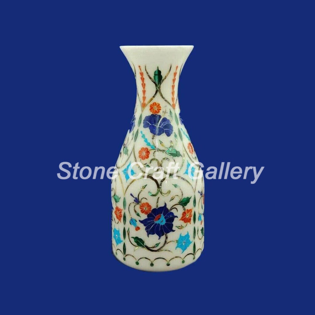 7 Marble Flower Vase Semi Precious Stones Inlay Pietra Dura Handicraft