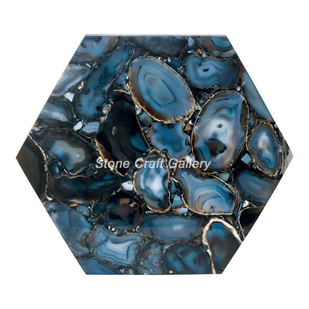 Blue Agate Side Table Top Semi Precious Stones Work Handmade Etsy