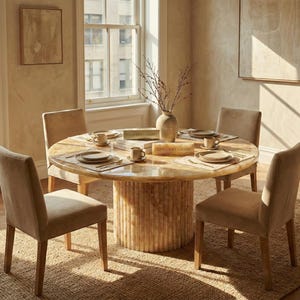 May include: A dining room set with a round, light-colored table and four upholstered chairs. The table is set with plates, cups, and placemats. A vase with branches sits in the center. The room has a neutral color palette and a rug.