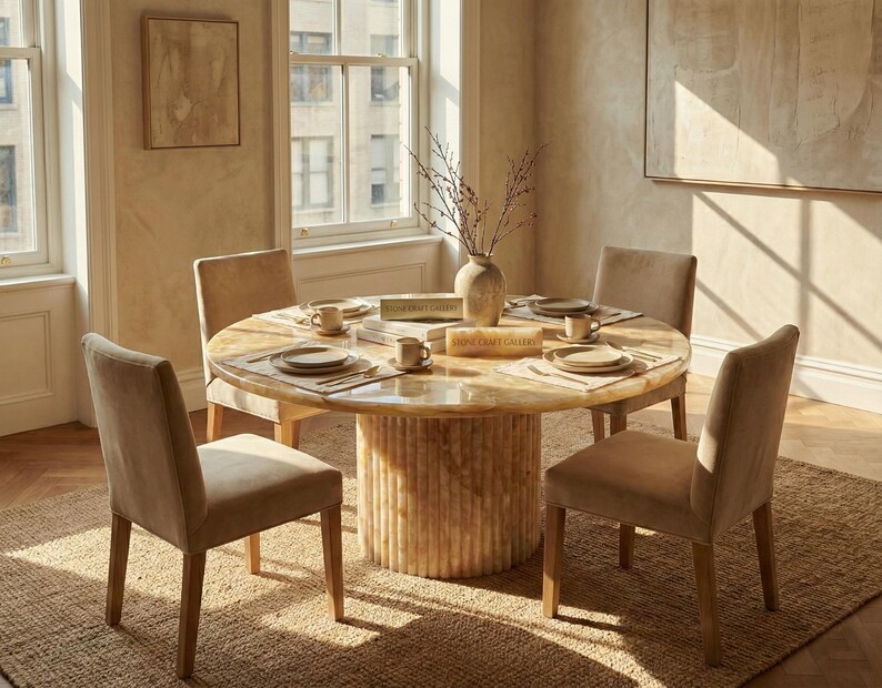 May include: A dining room set with a round, light-colored table and four upholstered chairs. The table is set with plates, cups, and placemats. A vase with branches sits in the center. The room has a neutral color palette and a rug.