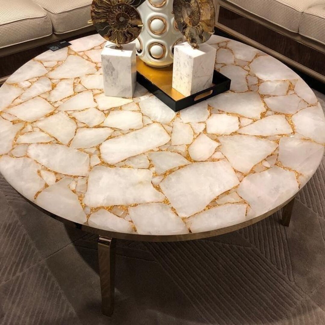 White Quartz Coffee Table , Quartz Dining Table Top, Handmade Interior