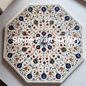 Stone Inlay Marble Table with Floral Pietra Dura Top – Elegant Designer Centerpiece & Luxury Home Decor Table